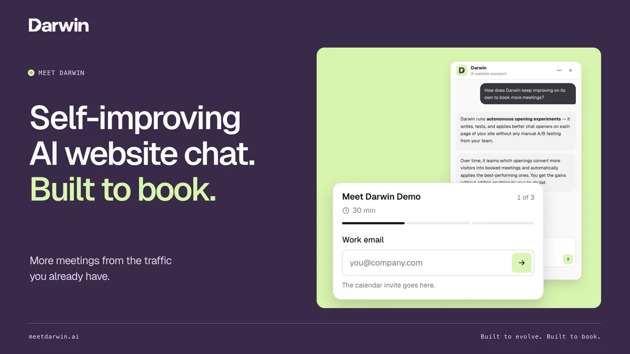 Cover reading “Self-improving AI website chat. Built to book.” beside the Darwin chat and its meeting form