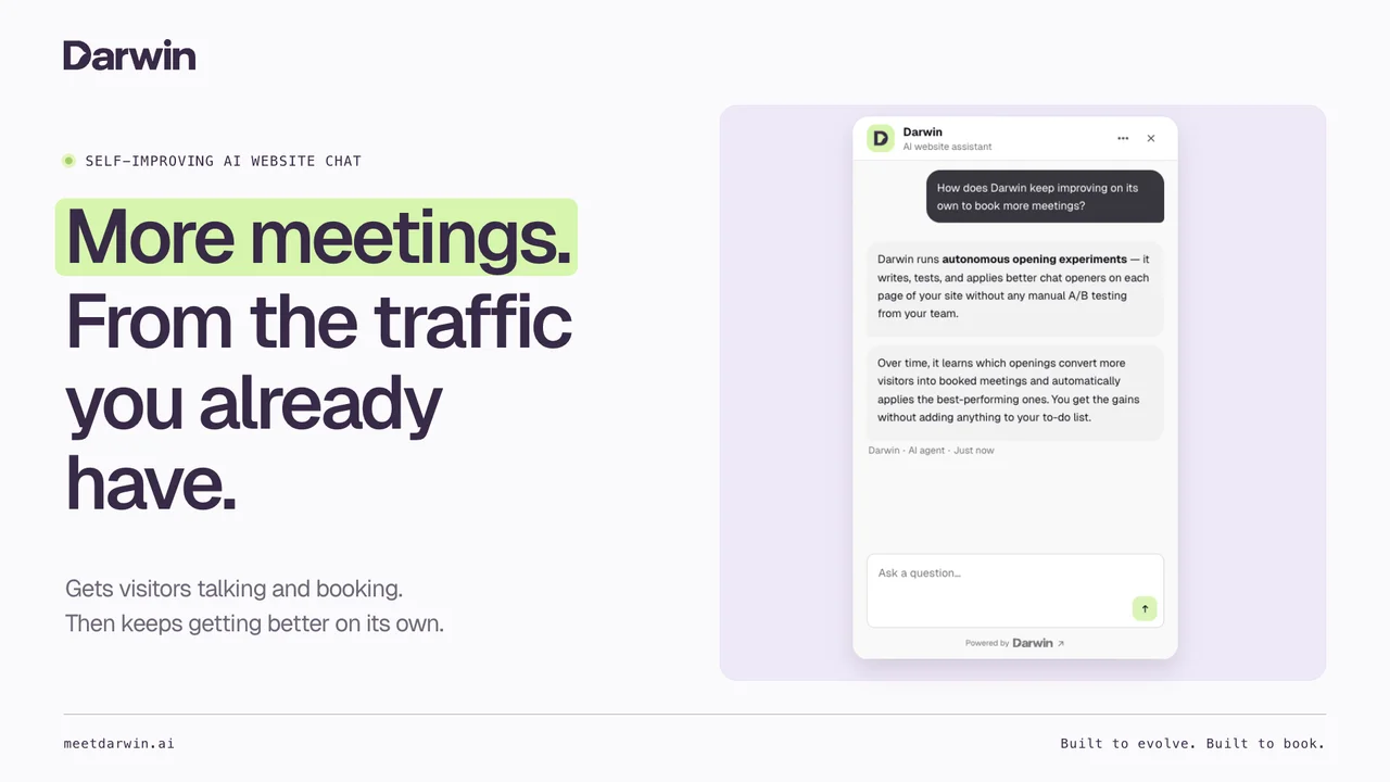“More meetings. From the traffic you already have.” beside Darwin explaining how it improves its chat openers