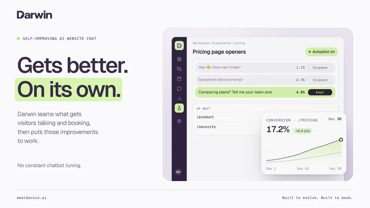 “Gets better. On its own.” beside Darwin’s pricing-page opener tests and a conversion chart