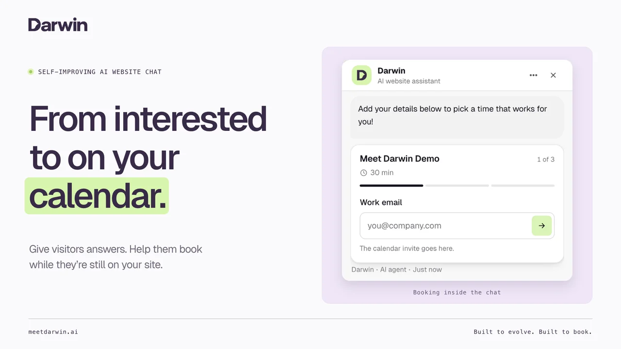 “From interested to on your calendar.” beside Darwin’s in-chat meeting form at the work email step