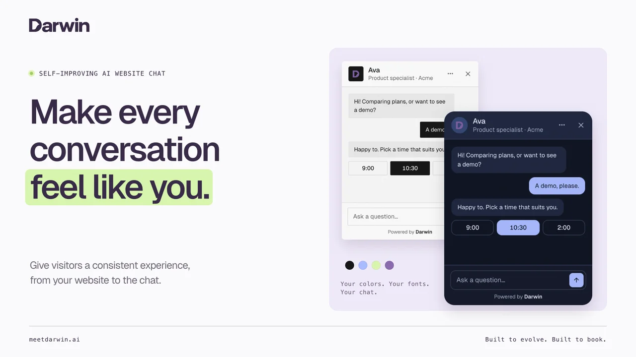 “Make every conversation feel like you.” beside two Darwin chats styled in different brand colors