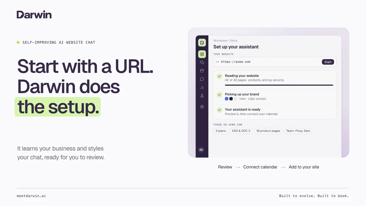 “Start with a URL. Darwin does the setup.” beside Darwin reading a website and picking up its brand