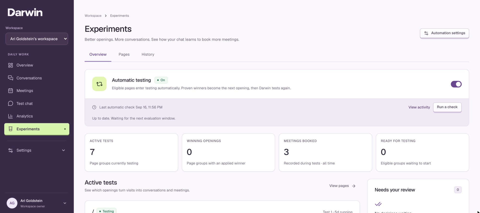 Experiments: automatic testing switched on, active tests and meetings booked during tests