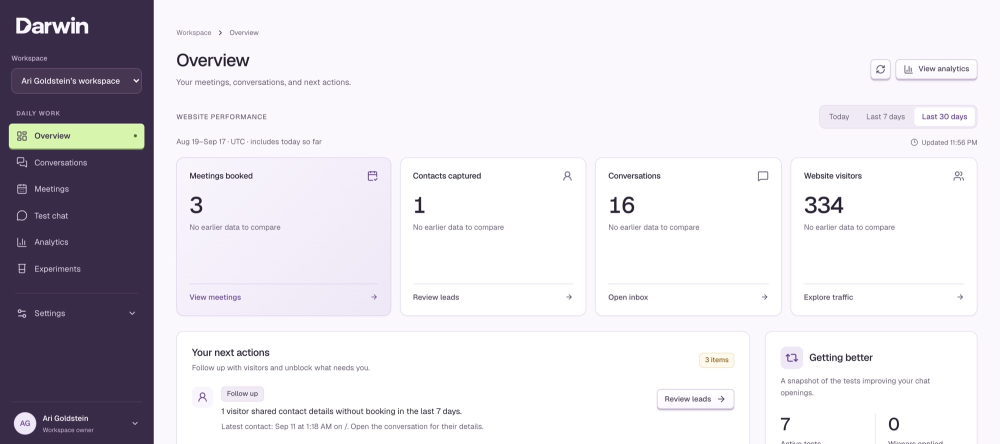 The Darwin overview: meetings booked, contacts captured, conversations and visitors for the last 30 days