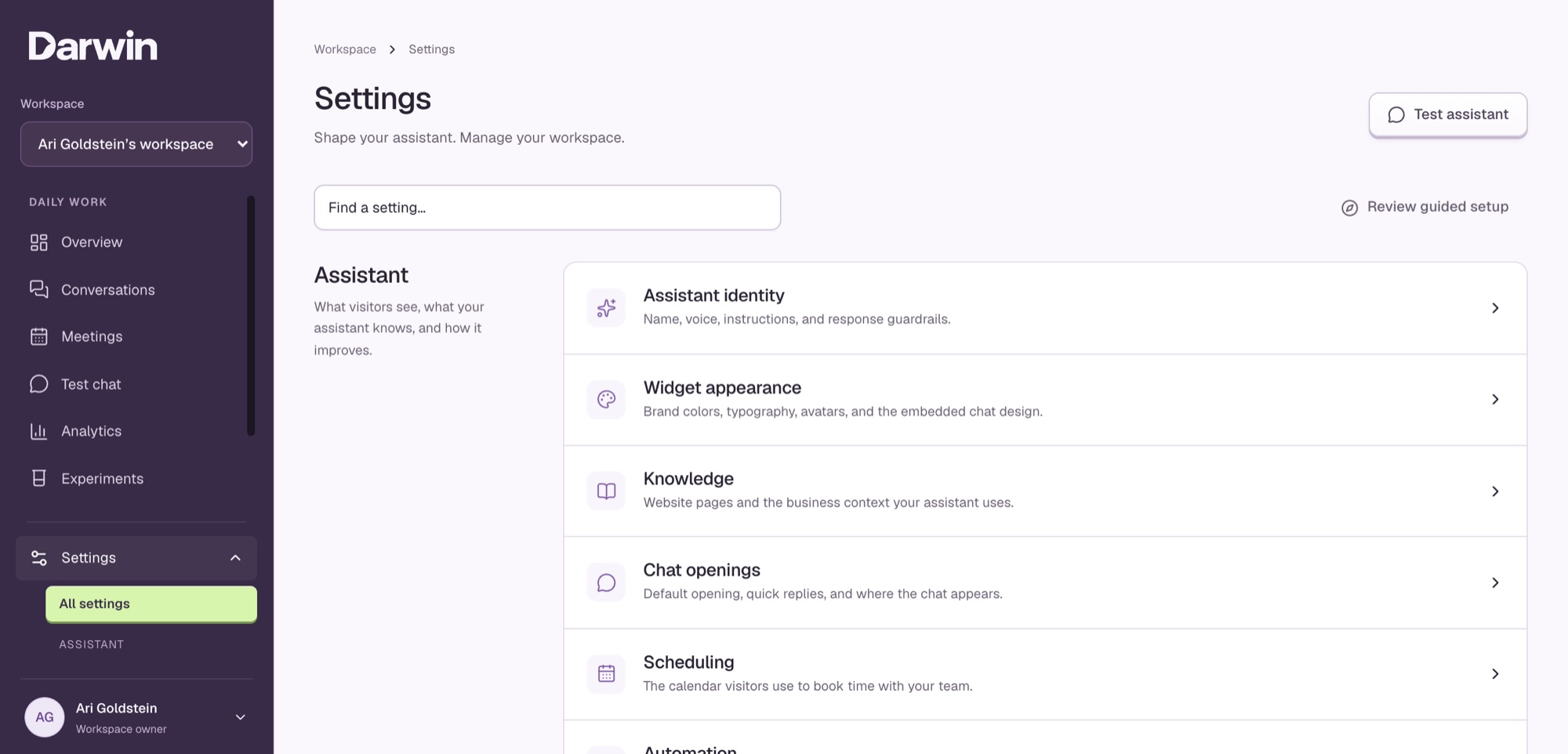 Settings: assistant identity, widget appearance, knowledge, chat openings and scheduling