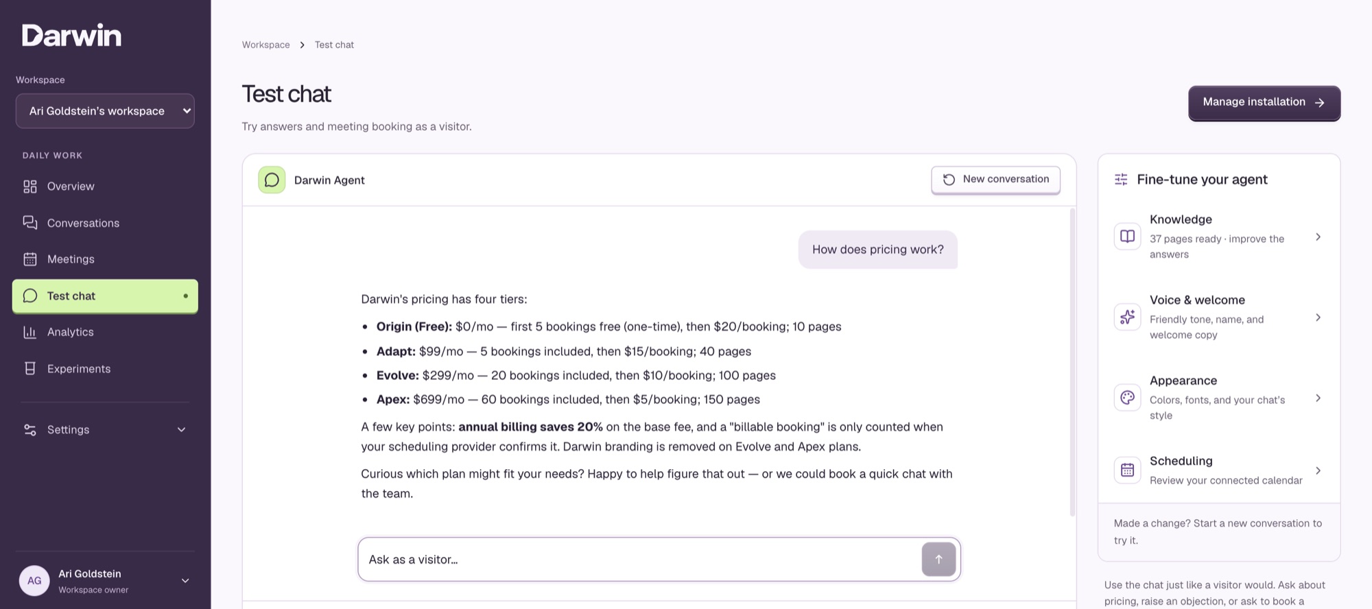 Darwin answering a pricing question in the test chat